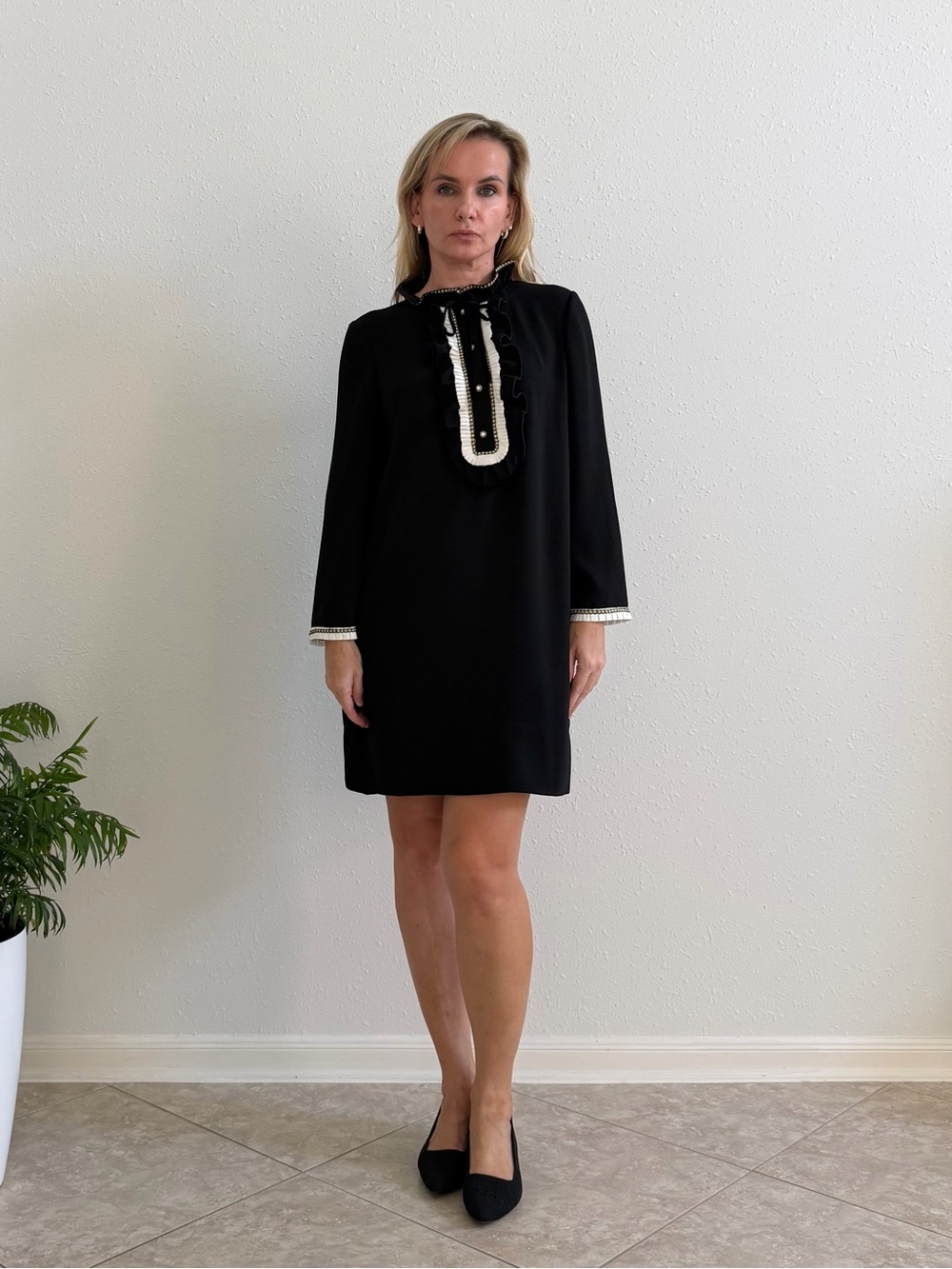 ME+EM Monochrome Detail Shift Mini Dress Black Cream US 8 NWT